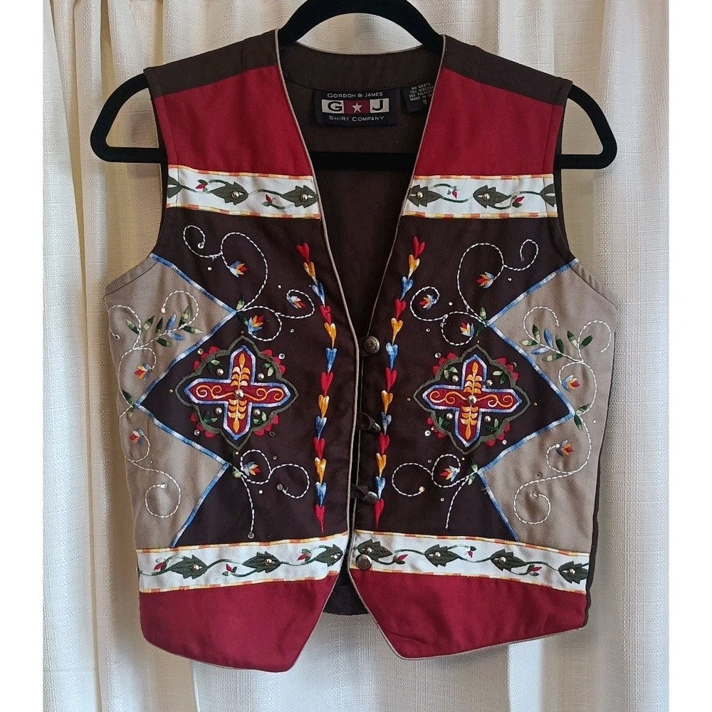Vtg Gordon‎ James Western Vest Multicolor/Crosses Size S
